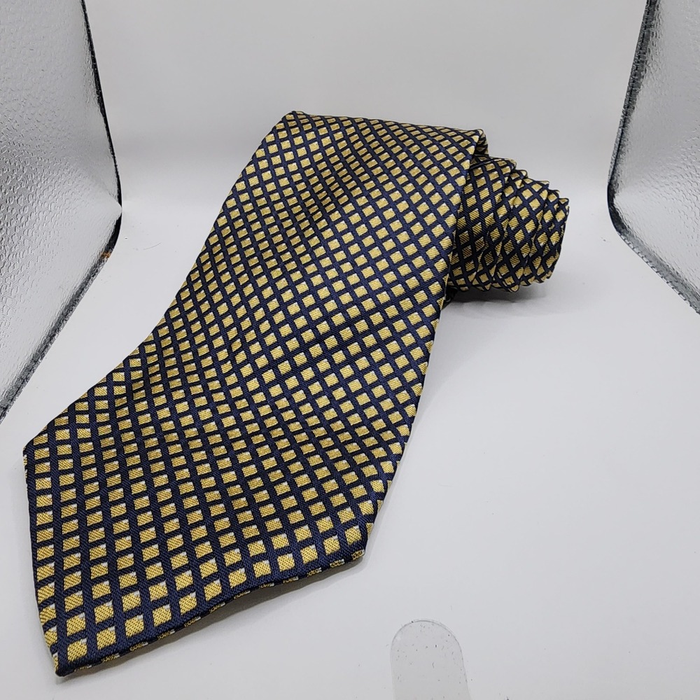 Lauren Ralph Lauren Necktie Mens 3.75" Navy Gold Geometric Diamond Silk Tie
